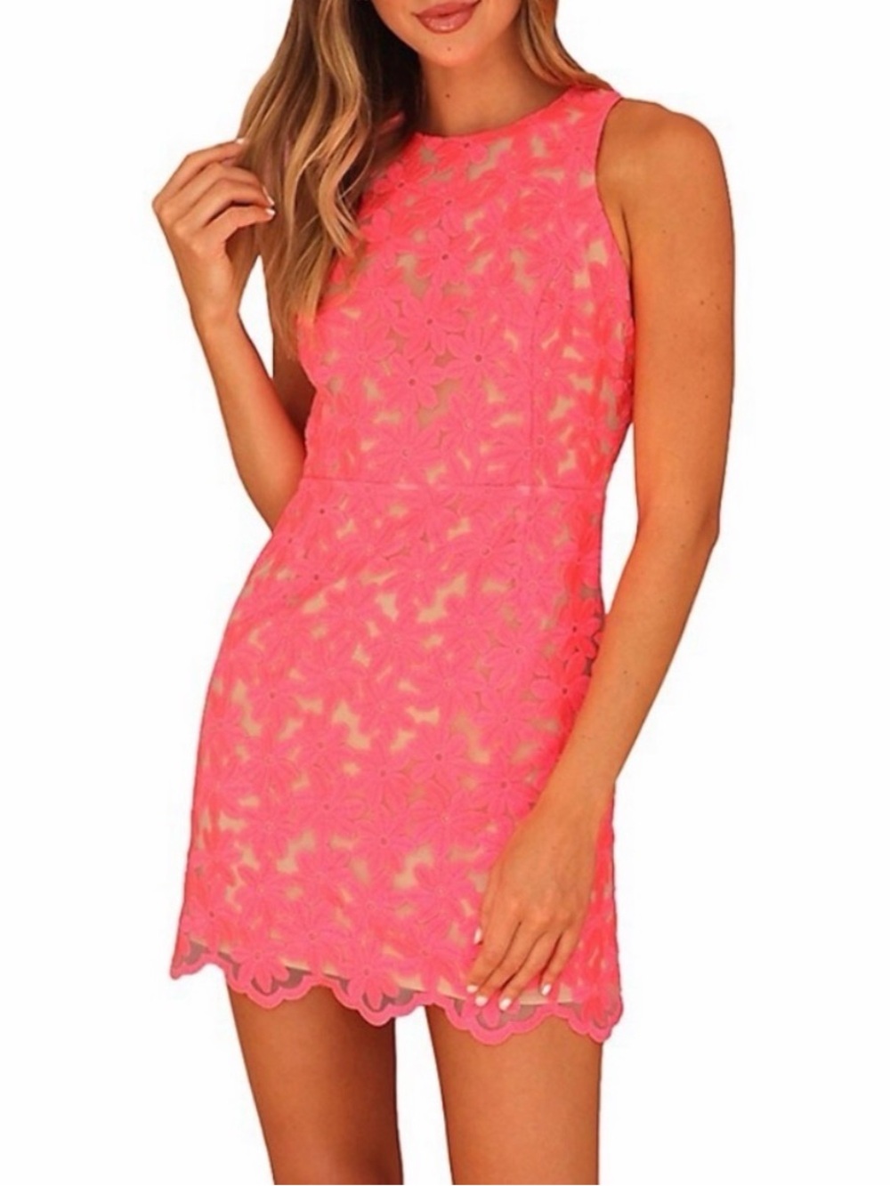 Adelyn Rae Mila Hot Pink Embroidered Lace Mini Dress Cocktail Barbie Party